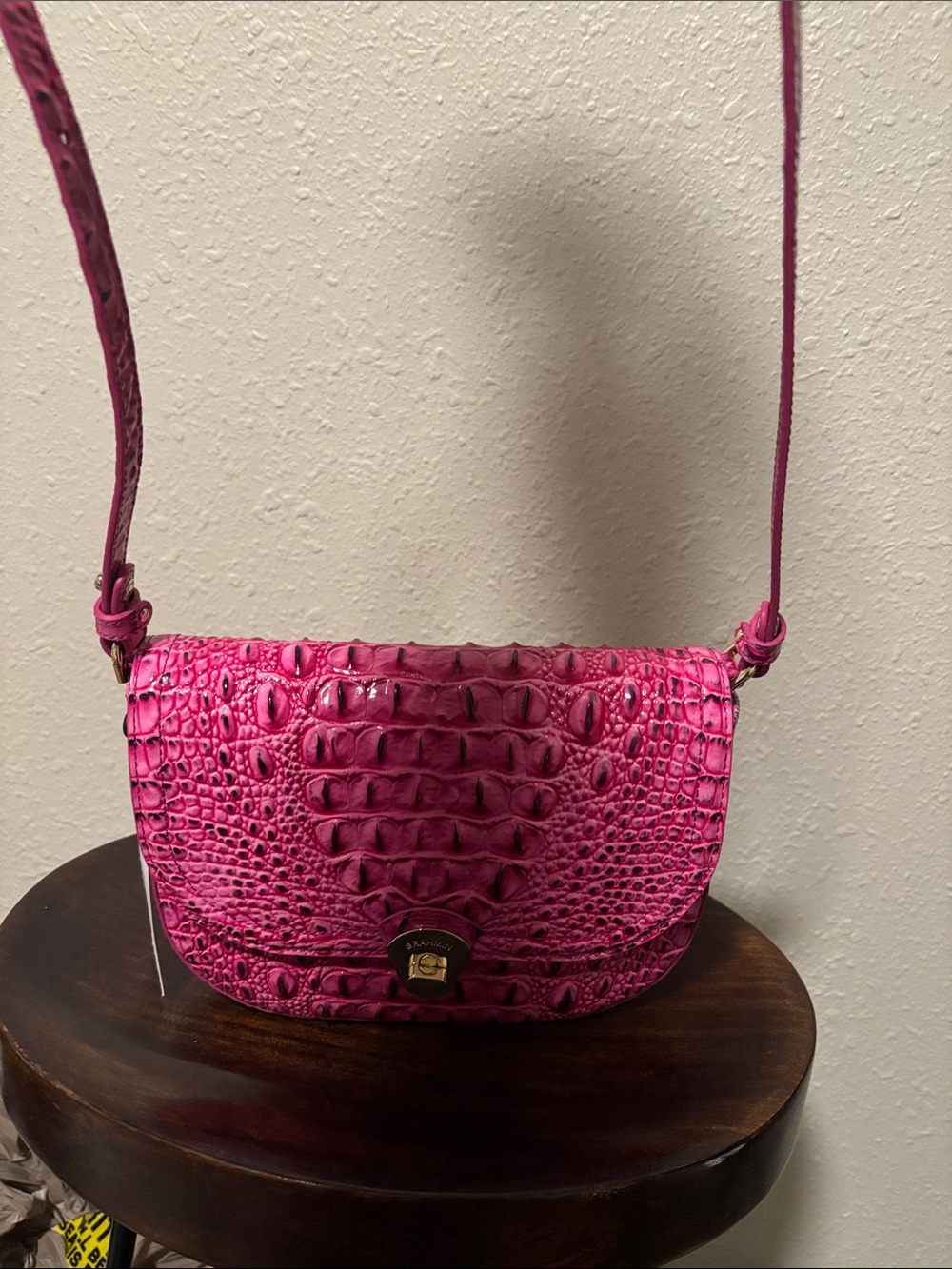 Bright Pink Croc-Embossed Crossbody Bag Brahmin